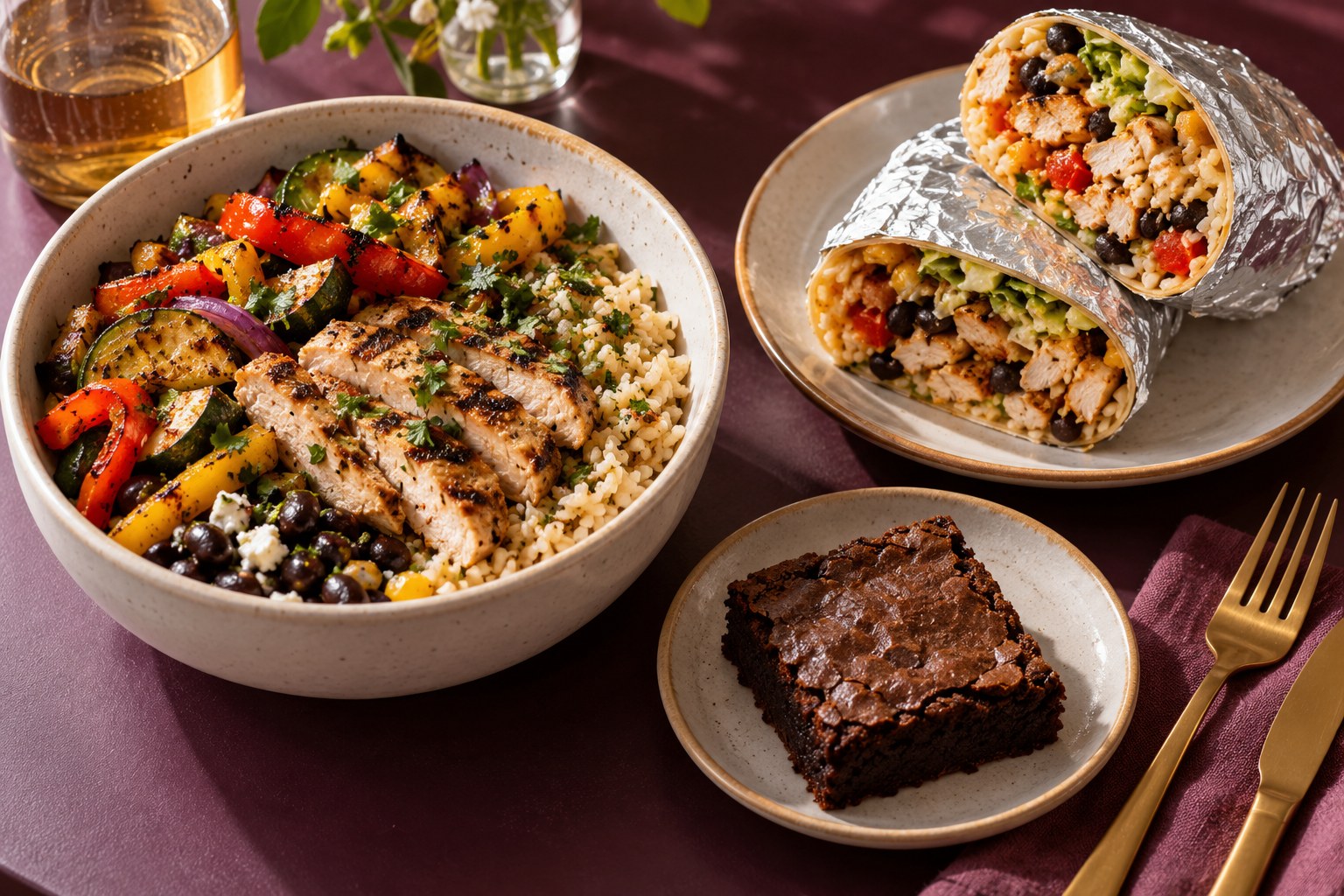 Meal inspiration: chicken and rice, vegetables, a burrito, and a brownie